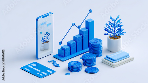 3D render of blue coins, a stack, and a growing graph on a white background with a phone, credit card, and growing plant vector illustration in an isometric view