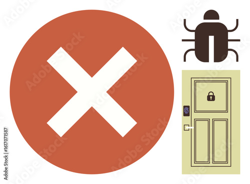 Red X signaling prohibition, bug icon representing malware, locked door symbolizing security measures. Ideal for cybersecurity, protection, access denial, malware prevention, privacy, antivirus