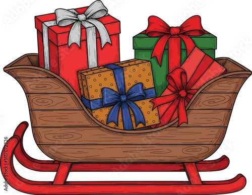Wooden sleigh filled with colorful Christmas gifts and festive bows