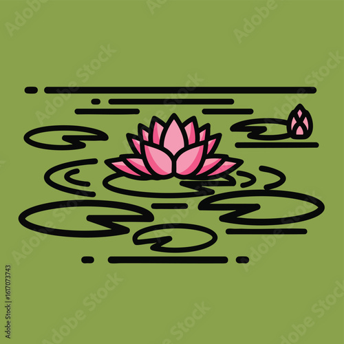 Stylized graphic illustration of a pink lotus flower and bud floating on lily pads in a tranquil pond.