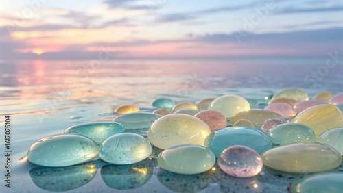 Translucent orbs reflecting a serene sunset over a calm ocean