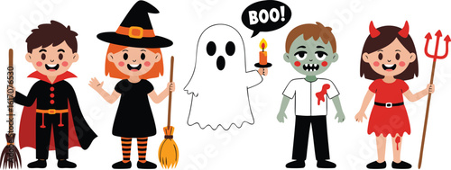 Cartoon Halloween Costumes Vampire, Witch, Ghost, Zombie, and Devil Characters in Illustration