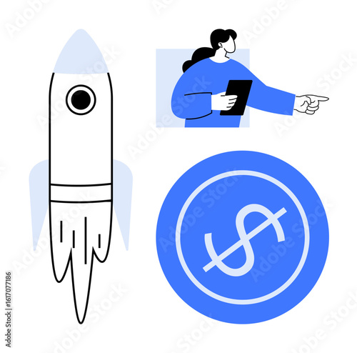 Person with tablet guiding toward a launch concept with a flying rocket and currency sign. Ideal for finance, leadership, innovation, investment, growth strategy, startups, success. A simple flat