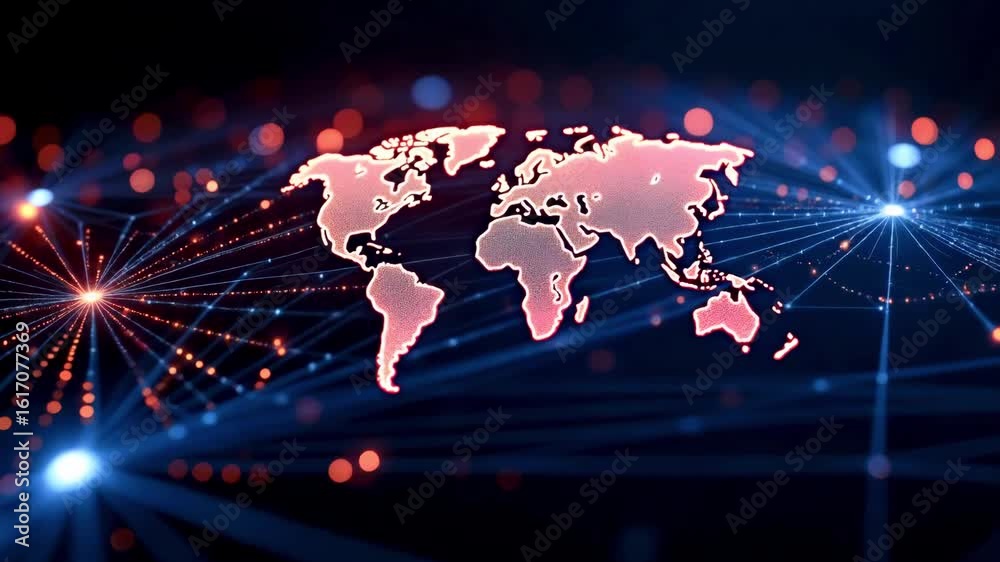 Abstract digital world map with glowing connections and nodes representing global networking and technology