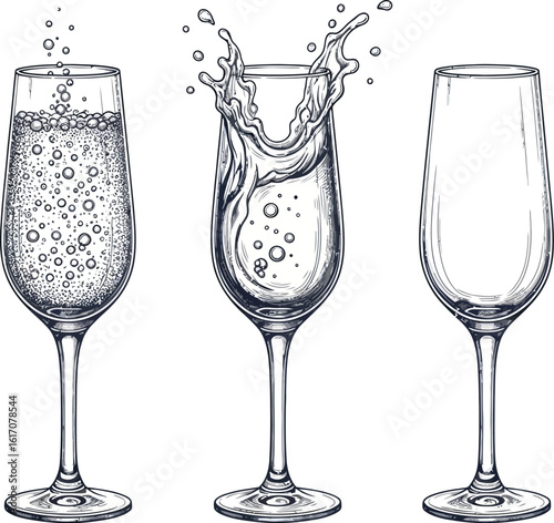 Three champagne glasses one filled, one splashing, one empty, celebratory toast
