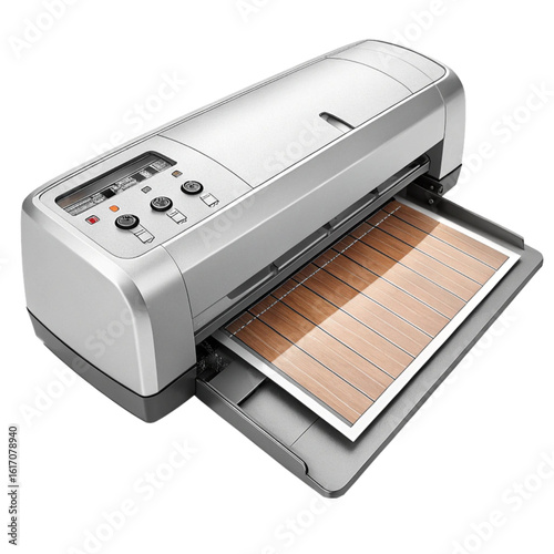 Modern inkjet printer producing detailed wood grain texture print for design projects and realistic renderings