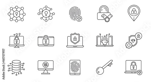 Cyber Security Icon Set in line art vector style. Such as digital security, cyber attacks, encryption, malware, hacking, and data protection. Secure transactions, antivirus, perfect for web, apps