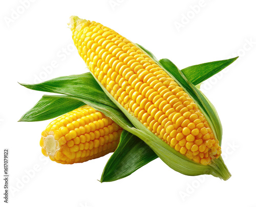 Two ears of yellow corn with vibrant green leaves