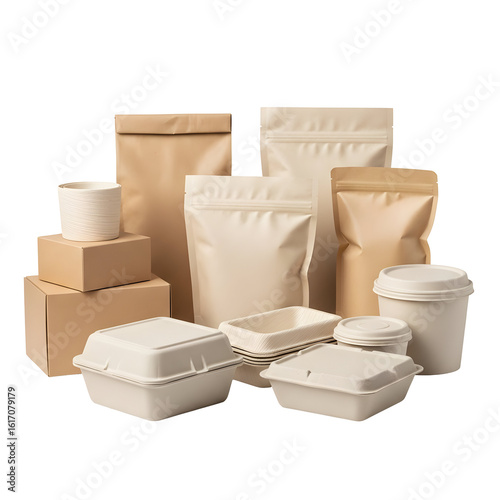 Assorted Sustainable Disposable Food Packaging in Neutral Tones