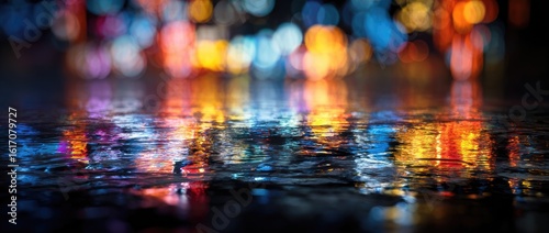 Fototapeta Naklejka Na Ścianę i Meble -  Night city lights reflected in rain puddle