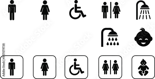 Essential icons for men, women, disabled, showers, and babies
