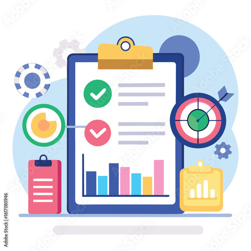 Business report with charts and goals graphs targets