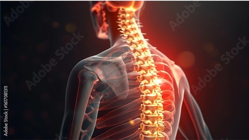 Glowing Human Spine Anatomy: 3D Illustration of Back and Neck Pain Points
