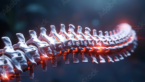 3D medical render of human spine with glowing red highlights, illustrating pain, inflammation, or injury in the vertebral column.