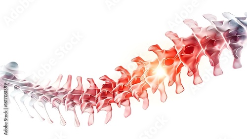 Human spine with highlighted red pain points, backache and injury concept. Medical illustration of vertebral column inflammation.