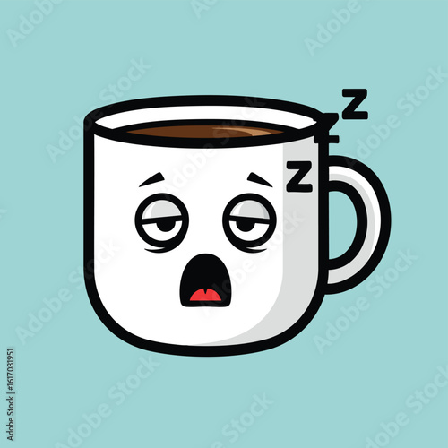 A sleepy cartoon coffee mug character with a tired face yawning and full of coffee.