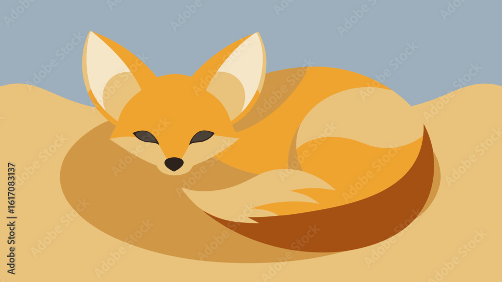 Fototapeta premium Fennec Fox Curled Sleeping Desert Sand Top View Flat Design Illustration