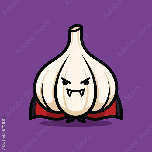 Cartoon Garlic Vampire with Fangs and Cape.