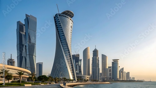 Cityscape view of doha with modern skyscrapers against blue sky