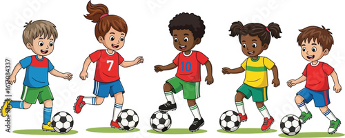 Diverse children happily play soccer together on sunny day
