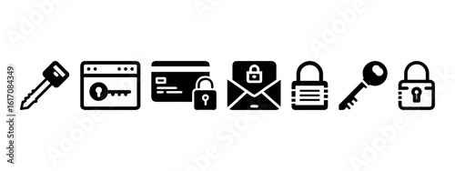 Vector set of cybersecurity and data protection icons. Collection of icons representing email encryption, credit card security, digital locks, and data privacy.
