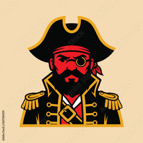 Fierce red-faced pirate captain with a beard monocle and tricorne hat.