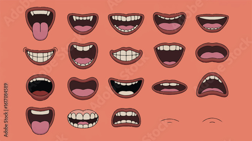 Collection of 18 cartoon mouths with various expressions and teeth on a peach background open mouth closed mouth