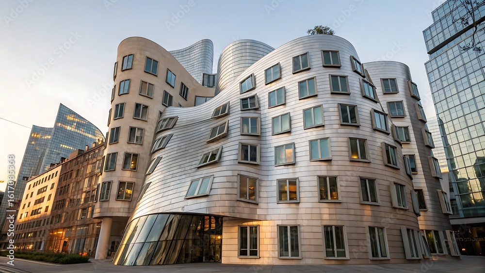 Obraz premium Exterior view of the undulating neuer zollhof building in germany