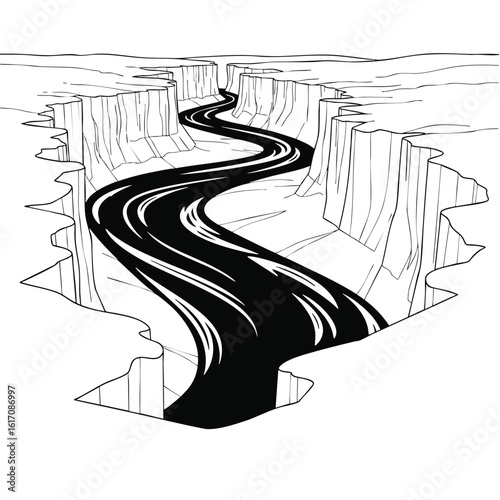 Stylized black and white line drawing of a grand canyon with a river.