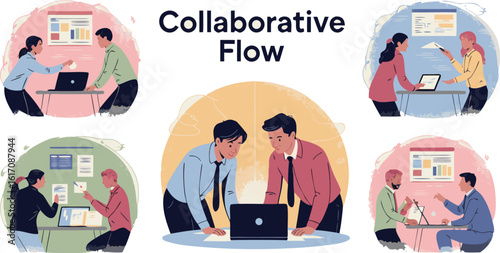 Illustrated Collaborative Teams Working Together Around Laptops Discussing Charts and Documents in a Modern Office Environment
