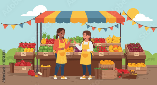 Two Smiling Fruit Vendors at a Market Stall.