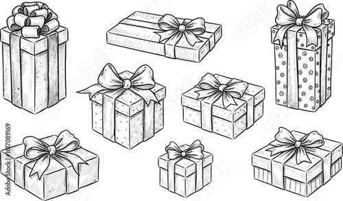 Charming hand-drawn gift boxes with bows create festive holiday or birthday scenes