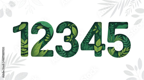 Green foliage filled numbers one through five on white background with light grey leaf outlines 12345