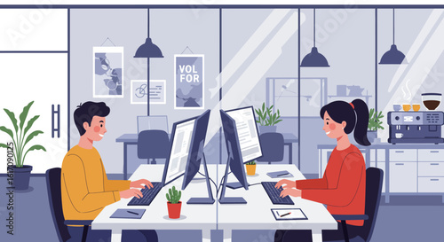 Two People Working at Desks in Office Setting.