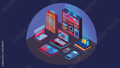 Isometric view of a data center with laptops, tablets, phones, and server racks in a modern design