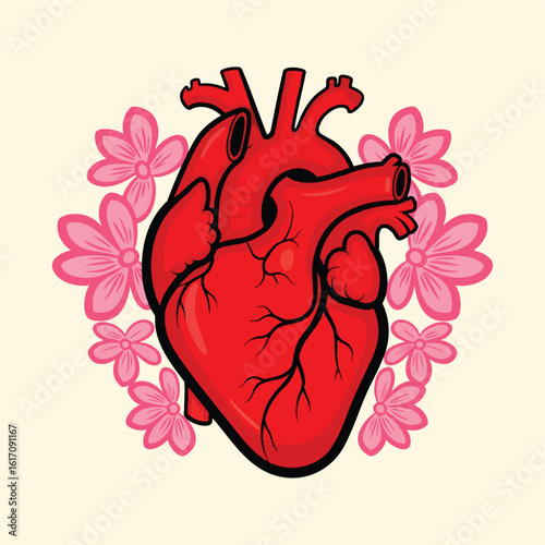 Stylized Red Anatomical Human Heart Illustration with Vessels.