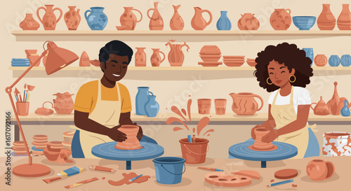 Two People Creating Pottery on a Pottery Wheel.