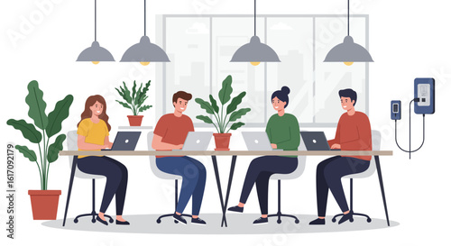 Team of Four Working Together at Table.