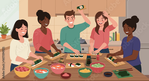 Group of Friends Making and Enjoying Sushi Together.