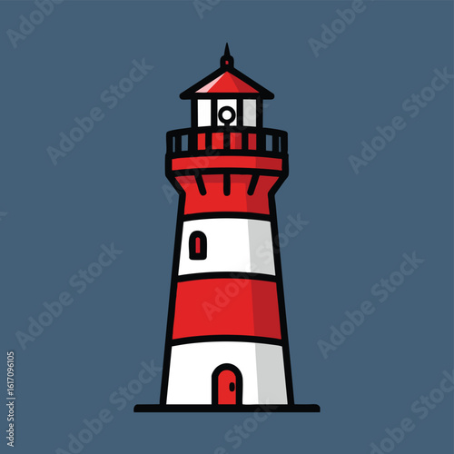 Classic red and white striped lighthouse tower cartoon vector illustration.