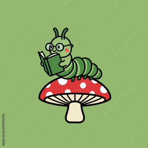 Cute green caterpillar with glasses reading a book on a red mushroom.