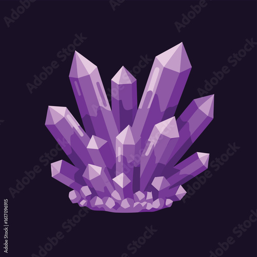 A vibrant purple amethyst crystal cluster with sharp faceted points illustrated in a flat vector style.