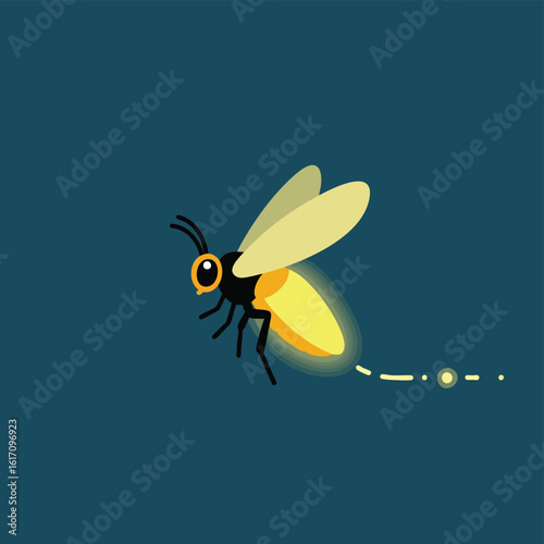 Cute cartoon firefly illustration with a glowing abdomen flying in the night sky.