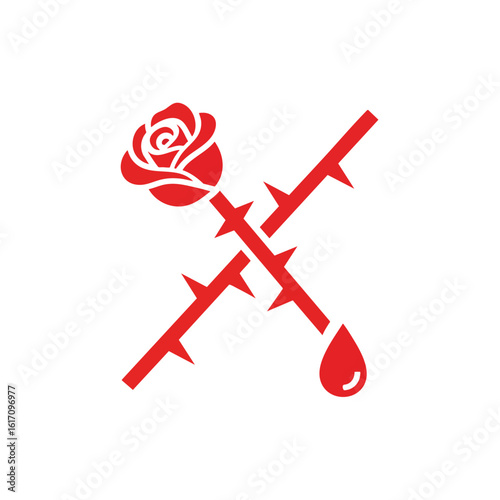 Red Rose Stem with Thorns and Blood Drop Symbol.
