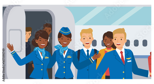 Smiling Flight Attendants and Passengers Welcoming Passengers on Plane.