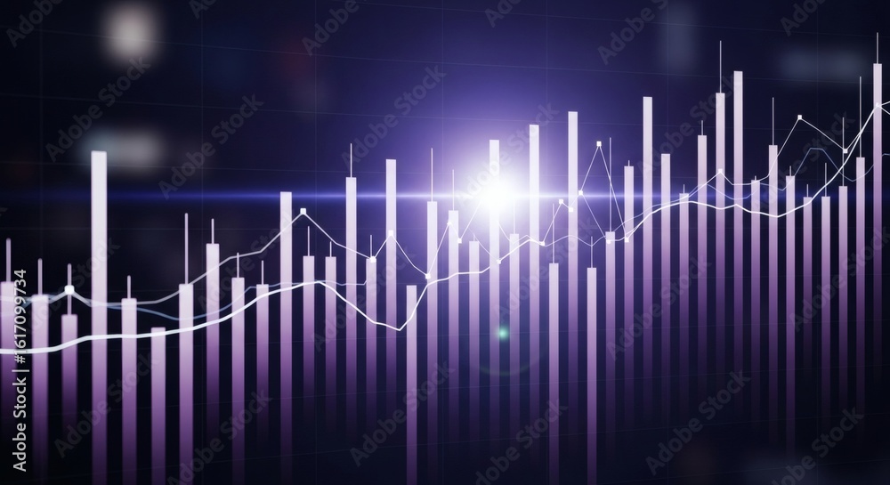 Fototapeta premium Financial bar chart with overlaying line graphs on a dark background