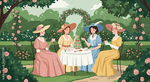 Ladies Enjoying Tea Party in a Garden.