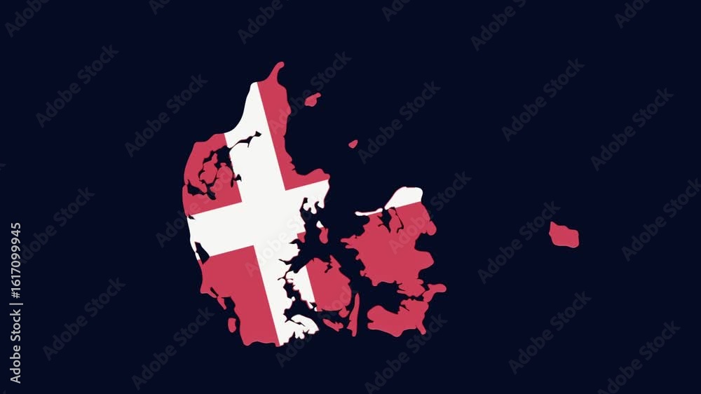 4K animated motion illustration of Denmark map with national flag overlay on a dark neutral background. Ideal for educational, geographic, or visual media use.