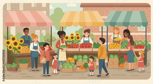 Colorful Illustration of a Busy Farmers Market Scene.