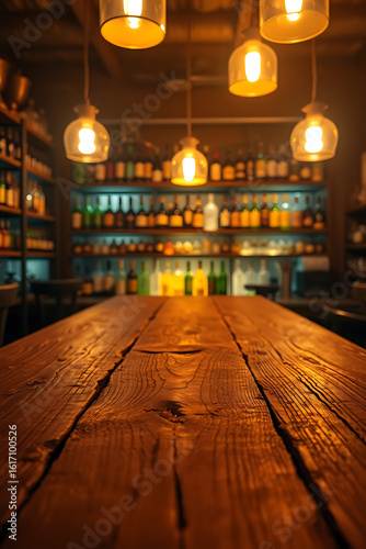 An extreme low-angle shot focusing on the rustic texture of a wooden table, with a prominent crack running through its center. The background features an intensely blurred out-of-focus string of warm,